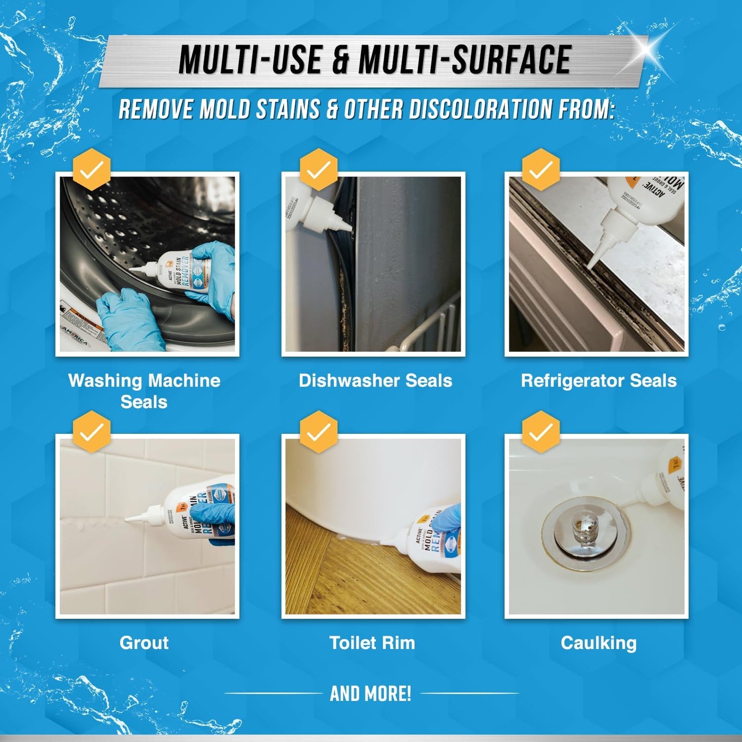 Mold Stain Remover Gel Cleaner - ACTIVE Heavy Duty Stain Cleaner for Front Loader Washing Machine Seal, Bathroom Grout, Shower, Caulk - Front Load Washer Cleaning Solution - 7 Fl Oz