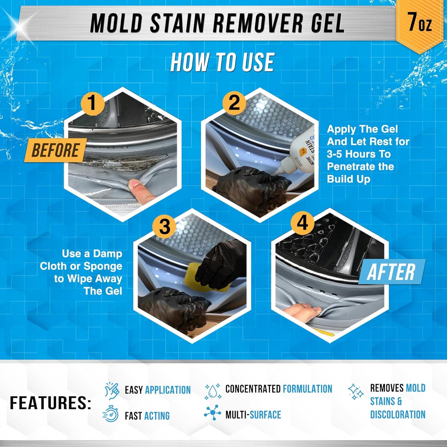 Mold Stain Remover Gel Cleaner - ACTIVE Heavy Duty Stain Cleaner for Front Loader Washing Machine Seal, Bathroom Grout, Shower, Caulk - Front Load Washer Cleaning Solution - 7 Fl Oz