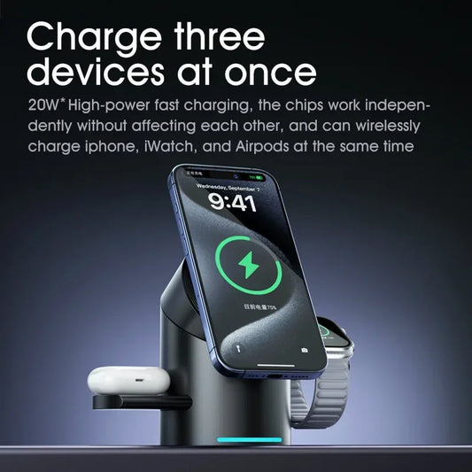 3 in 1 wireless charging dock charging multiple devices simultaneously with sleek design and fast power delivery