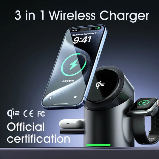 3 in 1 wireless charging dock with official certification for charging phones and smartwatches