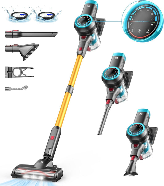 CHEBIO Cordless Vacuum Cleaner, 550W/45Kpa Vacuum Cleaners with Self-Standing, Vacuum with LED Display, Anti-Tangled Stick Vacuum, Lightweight Cordless Vacuums for Carpet/Hardwood Floor/Pet Hair