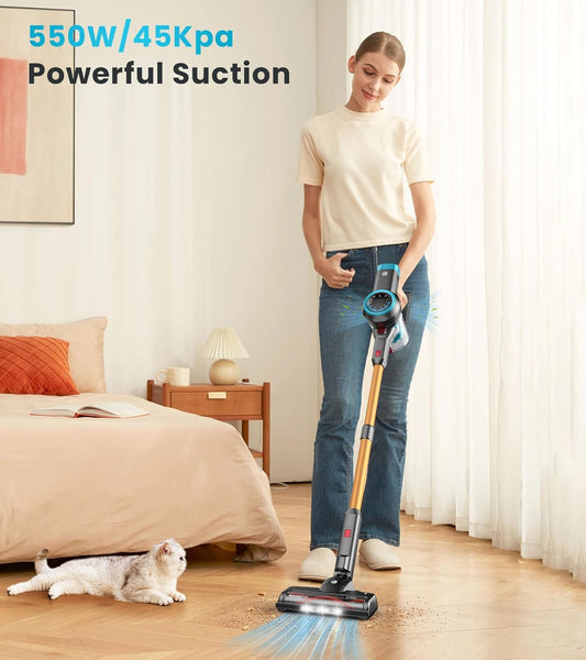 CHEBIO Cordless Vacuum Cleaner, 550W/45Kpa Vacuum Cleaners with Self-Standing, Vacuum with LED Display, Anti-Tangled Stick Vacuum, Lightweight Cordless Vacuums for Carpet/Hardwood Floor/Pet Hair