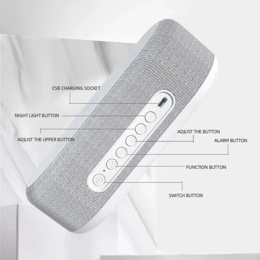 DSS GLOBAL SOLUTIONS Bluetooth speaker with wireless charger featuring multiple control buttons and a sleek design