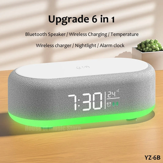 DSS Global Solutions Bluetooth speaker with wireless charger featuring alarm clock and nightlight function