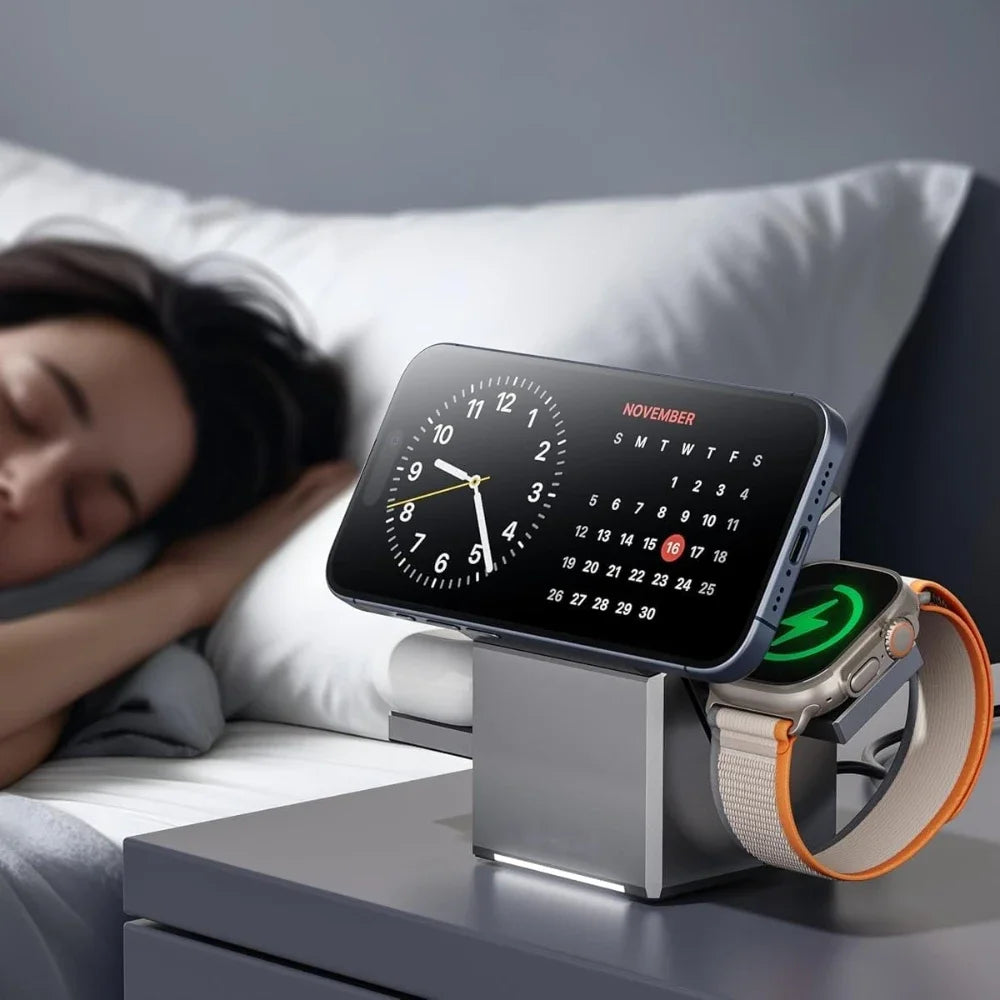 Fast charging dock for iPhone and Android with sleek design and clock display, perfect for bedside use