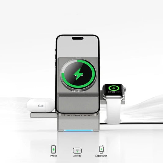 Fast charging dock for iPhone and Android with slots for Apple Watch and AirPods