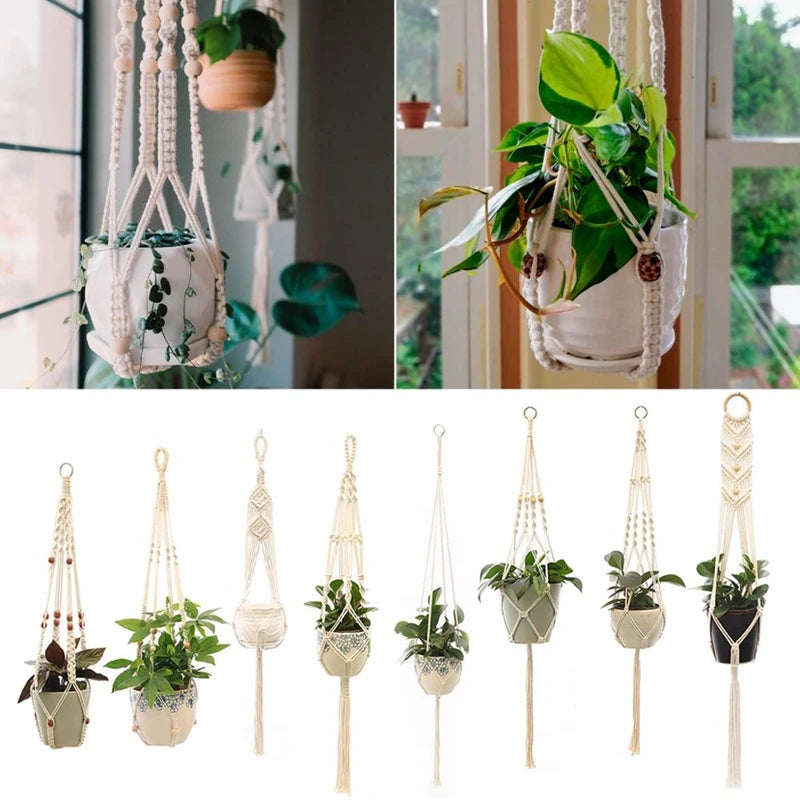 Collection of hanging planter baskets in various designs featuring indoor plants and macrame styles