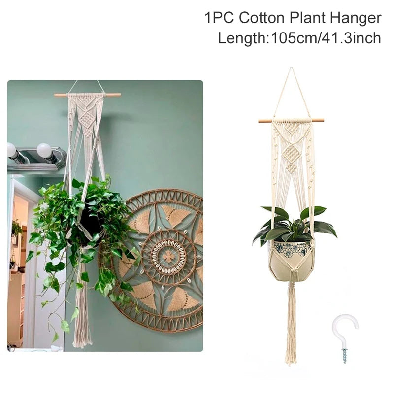 DSS Global Solutions hanging planter basket made of cotton, featuring a macrame design with indoor plants