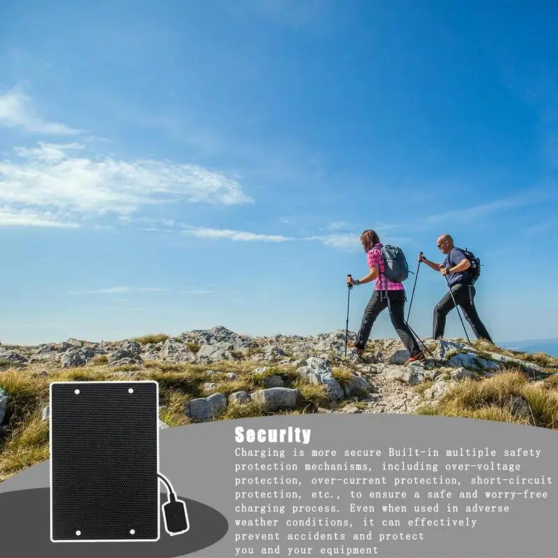 High-efficiency solar panel for camping with built-in safety features used by hikers in nature