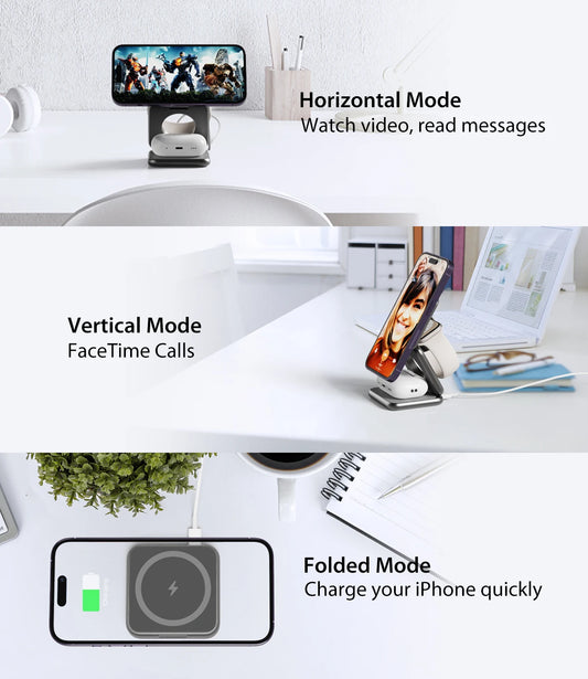 3 in 1 MagSafe wireless charger in three modes: horizontal, vertical, and folded for versatile device use