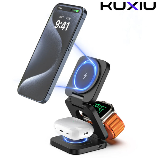 3 in 1 MagSafe wireless charger for iPhone, AirPods, and Apple Watch offering convenient charging