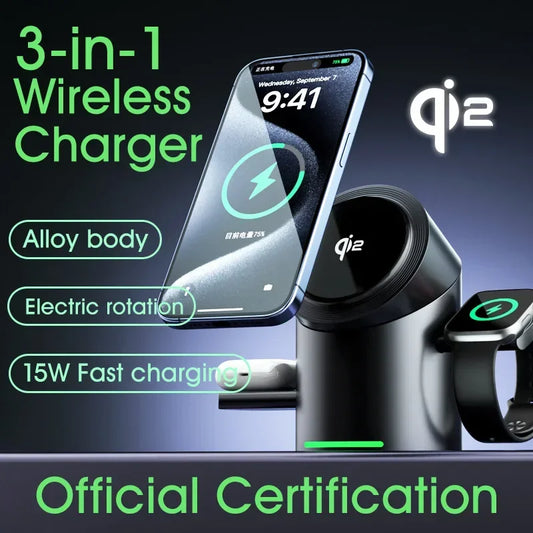 3-in-1 wireless charger for iPhone and Android with alloy body, electric rotation, and 15W fast charging