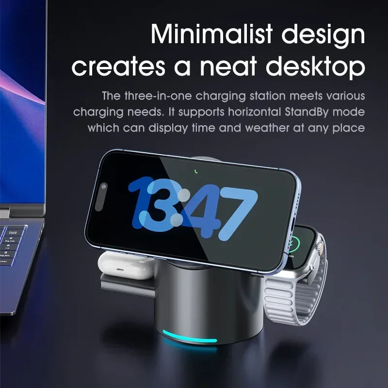 Three-in-one wireless charger for iPhone and Android with a sleek design and StandBy mode display