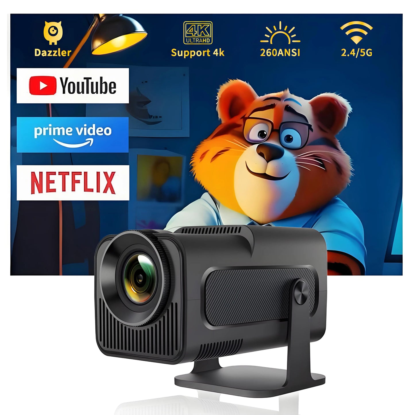 DSS GLOBAL SOLUTIONS Smart TV Android Projector with 4K support and WiFi connectivity features