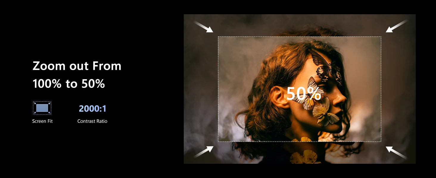 Smart TV Android Projector showcasing zoom feature from 100% to 50% for enhanced viewing experience