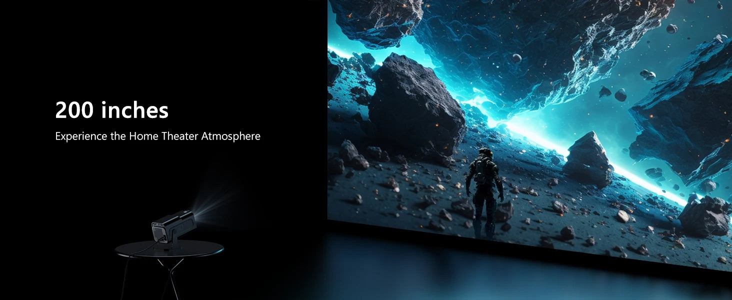 DSS GLOBAL SOLUTIONS Smart TV Android Projector displaying a stunning 200-inch image for a home theater experience