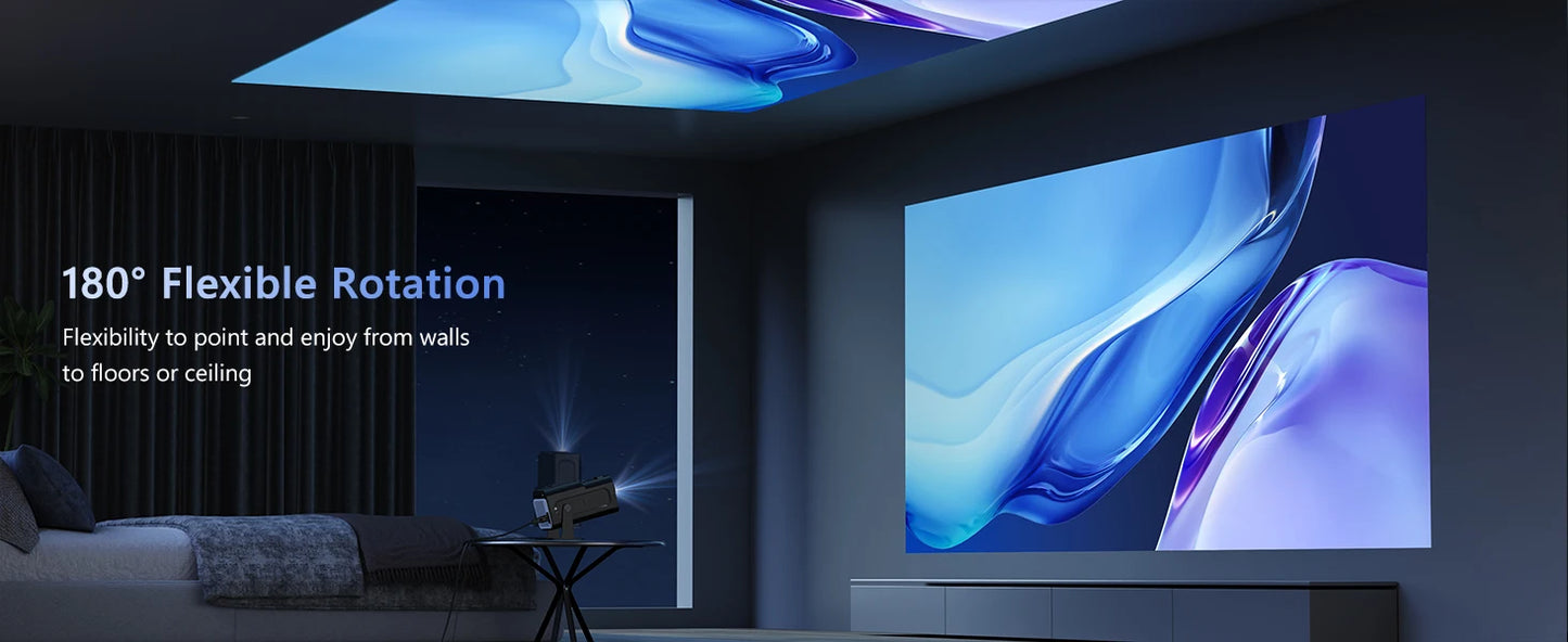 Smart TV Android Projector with 180-degree flexible rotation for versatile use on walls or ceilings
