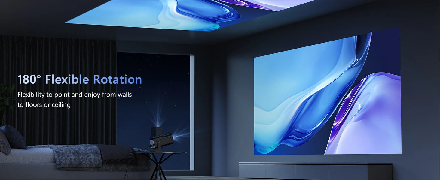Smart TV Android Projector with 180-degree flexible rotation for versatile use on walls or ceilings